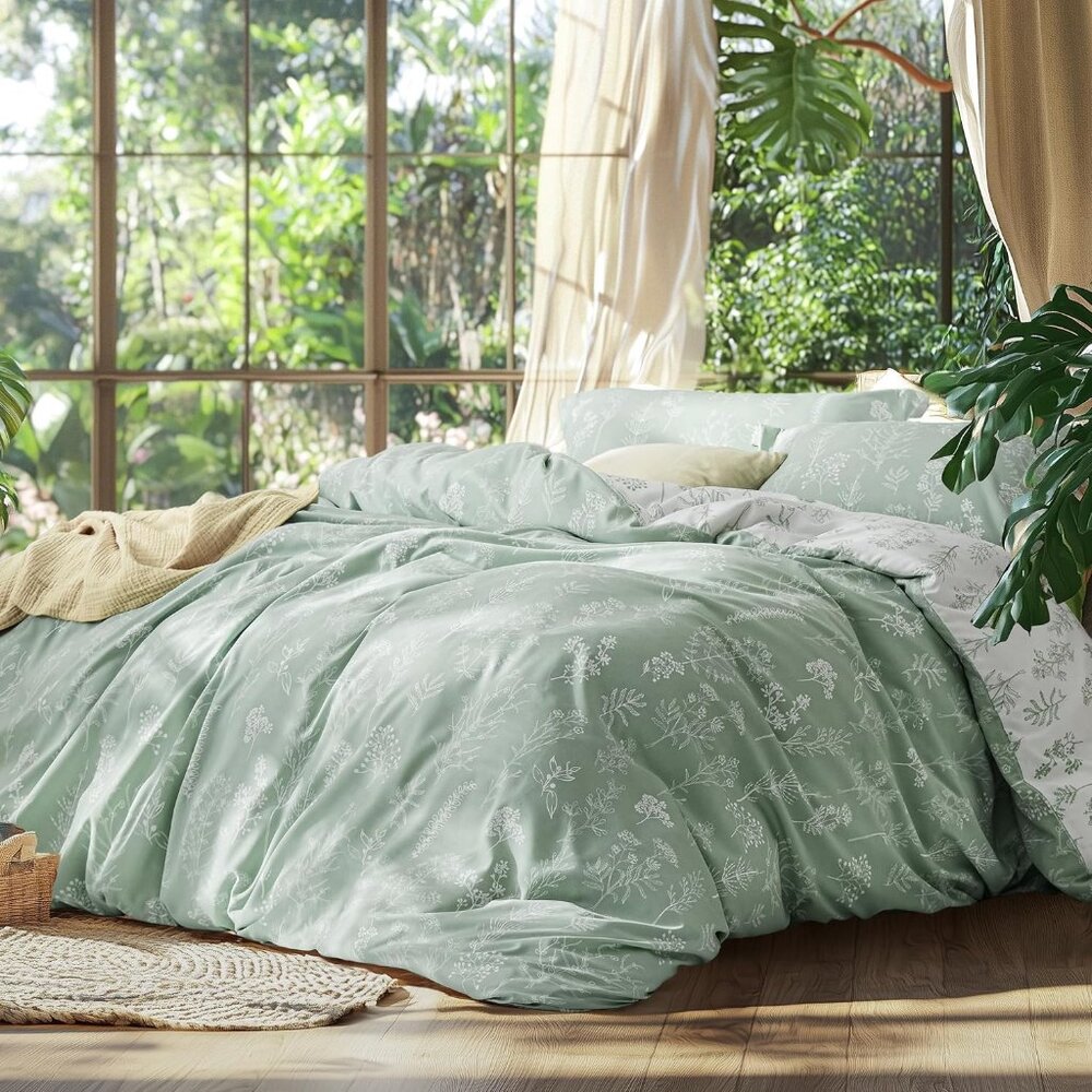 Bedsure Queen Comforter Set - Sage Green Bed Set, 3 Pieces Cute Floral Bedding, - Picture 2 of 6